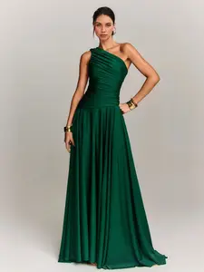 LikeMyChoice Elegant Draped One Shoulder Cocktail Maxi Dress in Rich Green for Sophisticated Occasions