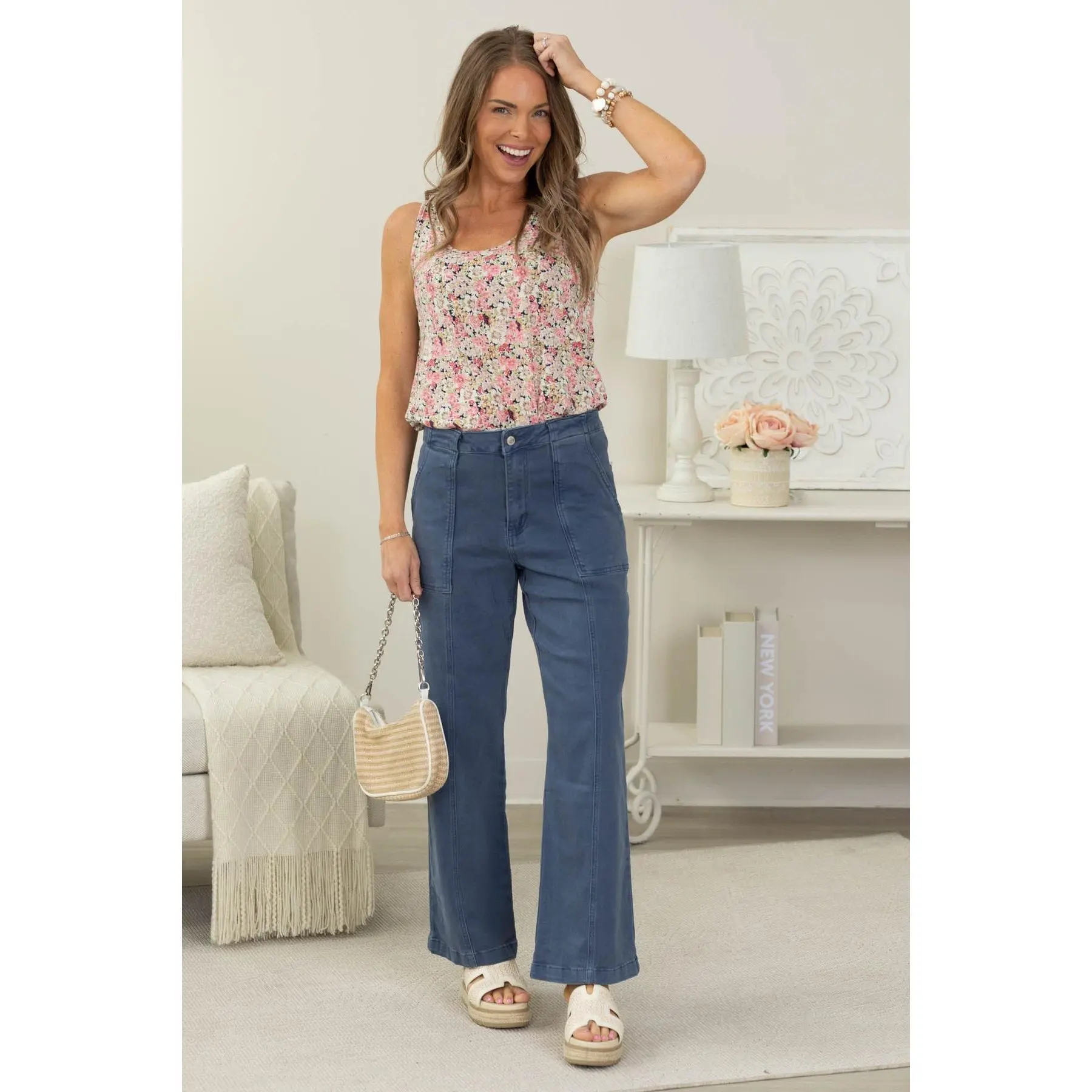 Straight Leg Utility Pocket Color Denim Pants