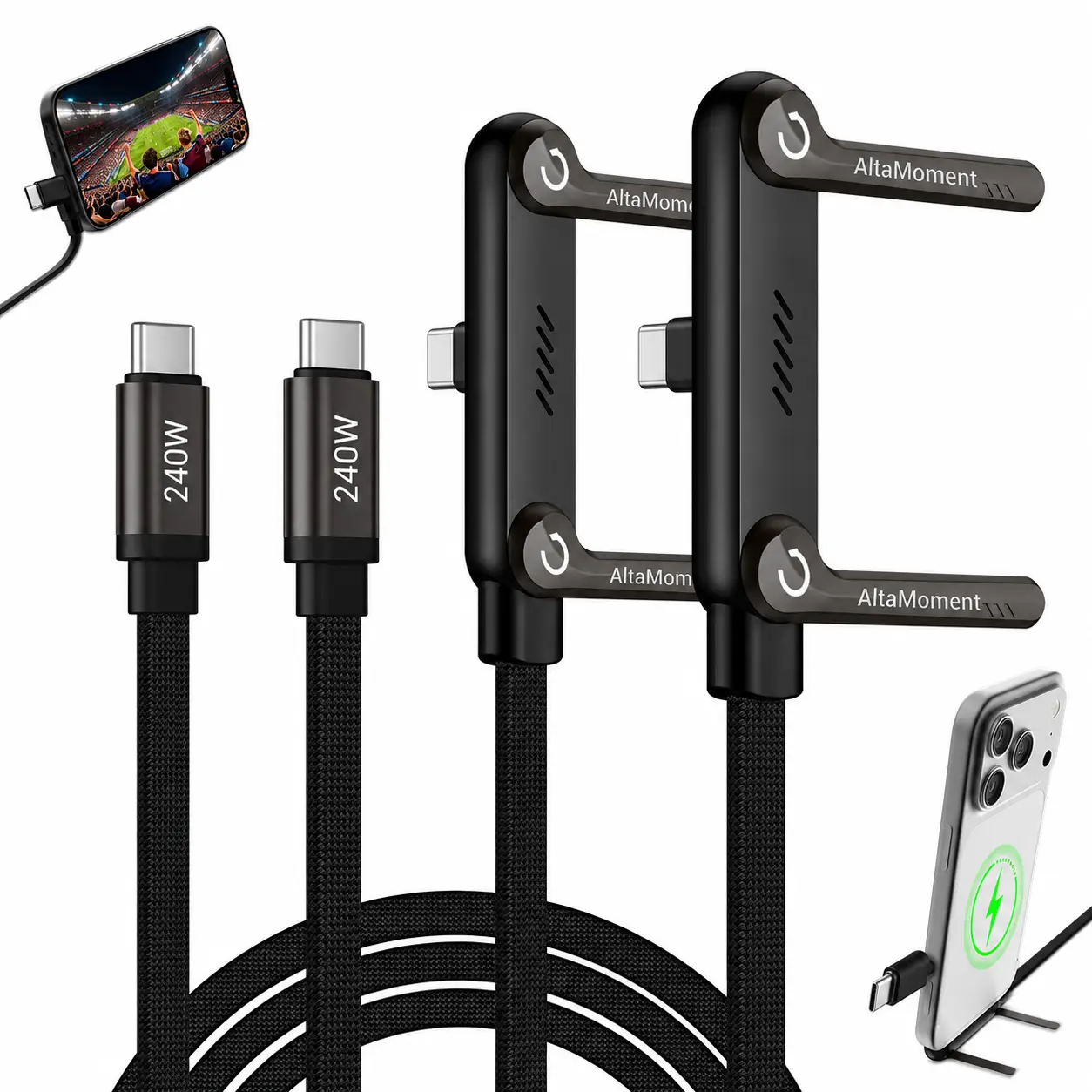 2-Pack Portable USB-C to USB-C Fast Charging Cable with Zinc Alloy Rotating Mobile Holder Kickstand, Durable Braided Connector Cord for Devices, Usb-C/ Lightning