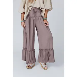 Women's High Waist Ruffled Fabric Pants - Airy Fabric, Frilled Hems, Wide Leg, Comfortable Fit, Multi-Size, Bohemian Bottom, Casual Fashion Pants, Versatile Casual Everyday Bottoms