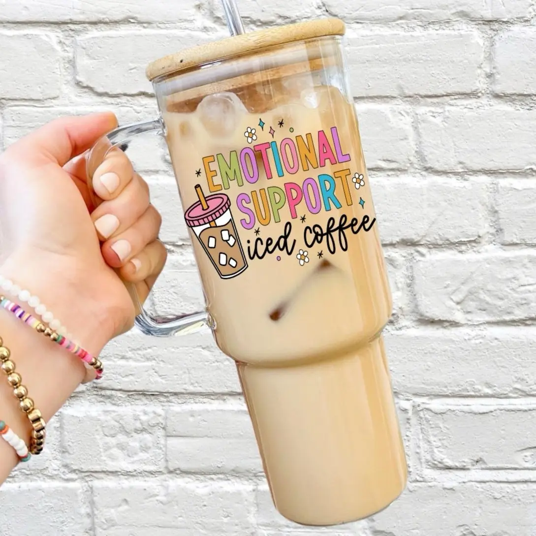 Emotional Support Iced Coffee Glass Cup with Lid and Straw - Aesthetic Drinkware with Bamboo Lid