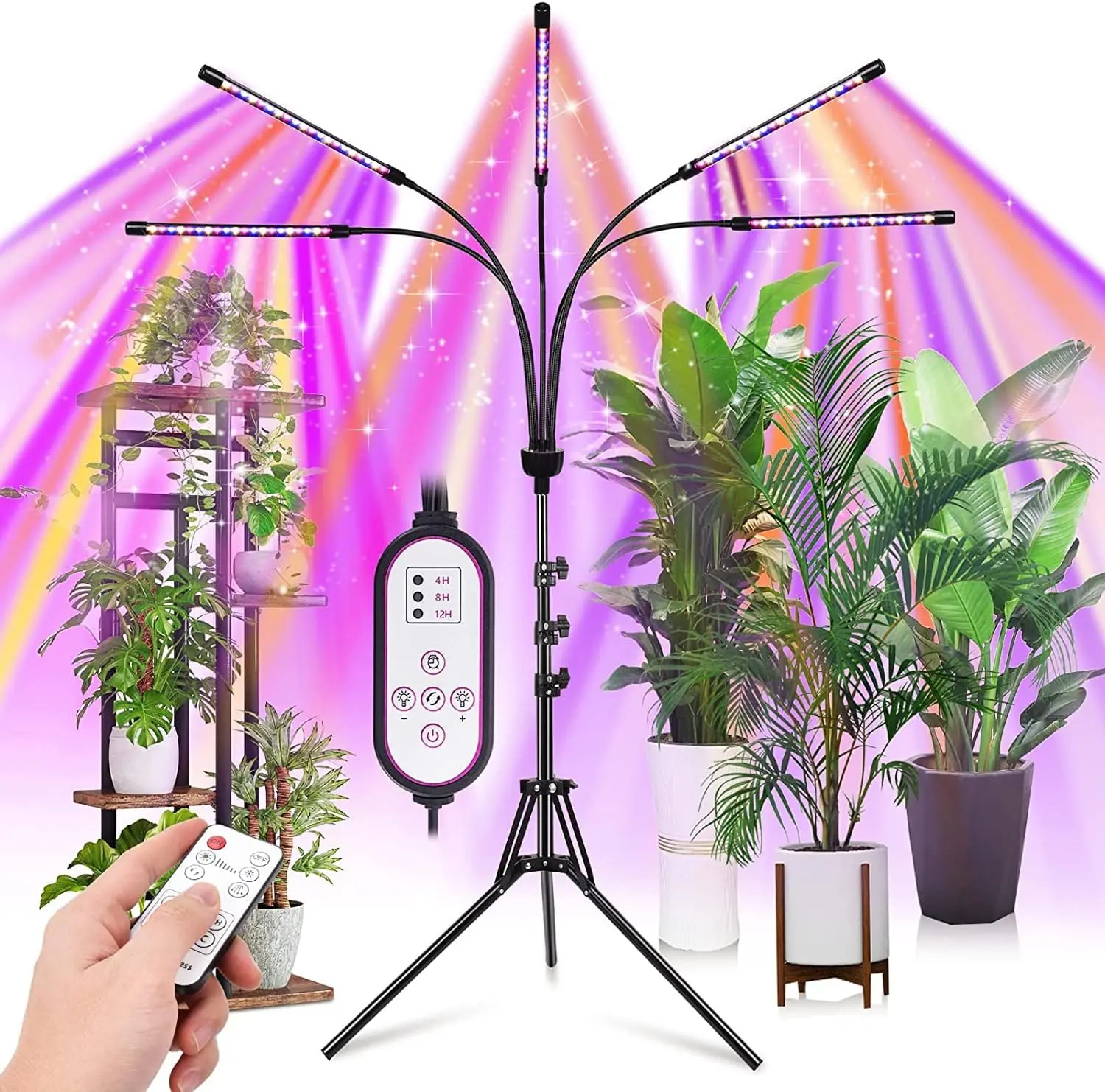 5-Heads Aluminum Adjustable Full Spectrum Red Blue White Grow Light with 15-63 in Tripod Stand, Remote Control, Auto On/Off Timer - Indoor Gardening System, Grow Lights for Indoor Plants, Greenhouse Supplies for Healthy Growth
