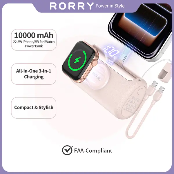 RORRY PalmGo Portable Charger 10000mAh 22.5W Fast Charging Mini Power Bank with Built-in USB C Connector 3-in-1 Battery Pack for iPhone 17/16/15 Pro/Max Apple Watch Ultra/11/10/SE iPad
