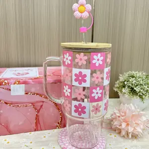40 oz Glass Tumbler with Handle, Floral Cup with Lid&Straw, Iced Coffee Mug, Water Bottle, Easy Clean, Eco-friendly & Stylish Drinkware for Coffee, Tea, Juice, Easter Gift Ideas, Viral Halloween Cup