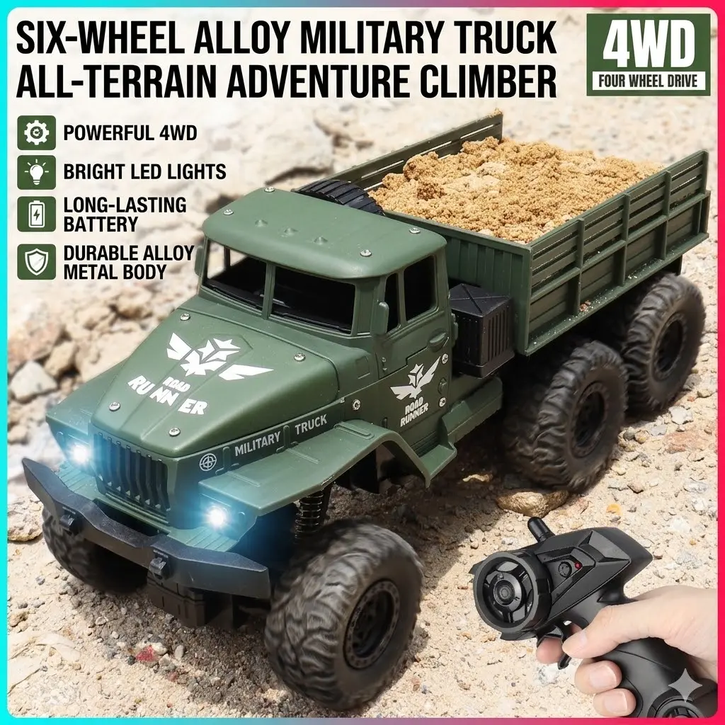 RC 4WD Military Truck 1:18 Scale Off-Road Remote Control Car for Kids 2.4GHz Army Vehicle with LED Lights & Rechargeable Battery Christmas Gift for Boys