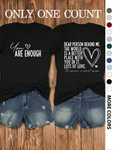 Women's Slogan Graphic Round Neck Tee, Fashion Casual Heart Print Crew Neck T-Shirt for Daily Holiday Vacation Outdoor Wear, Ladies Clothes for All Seasons