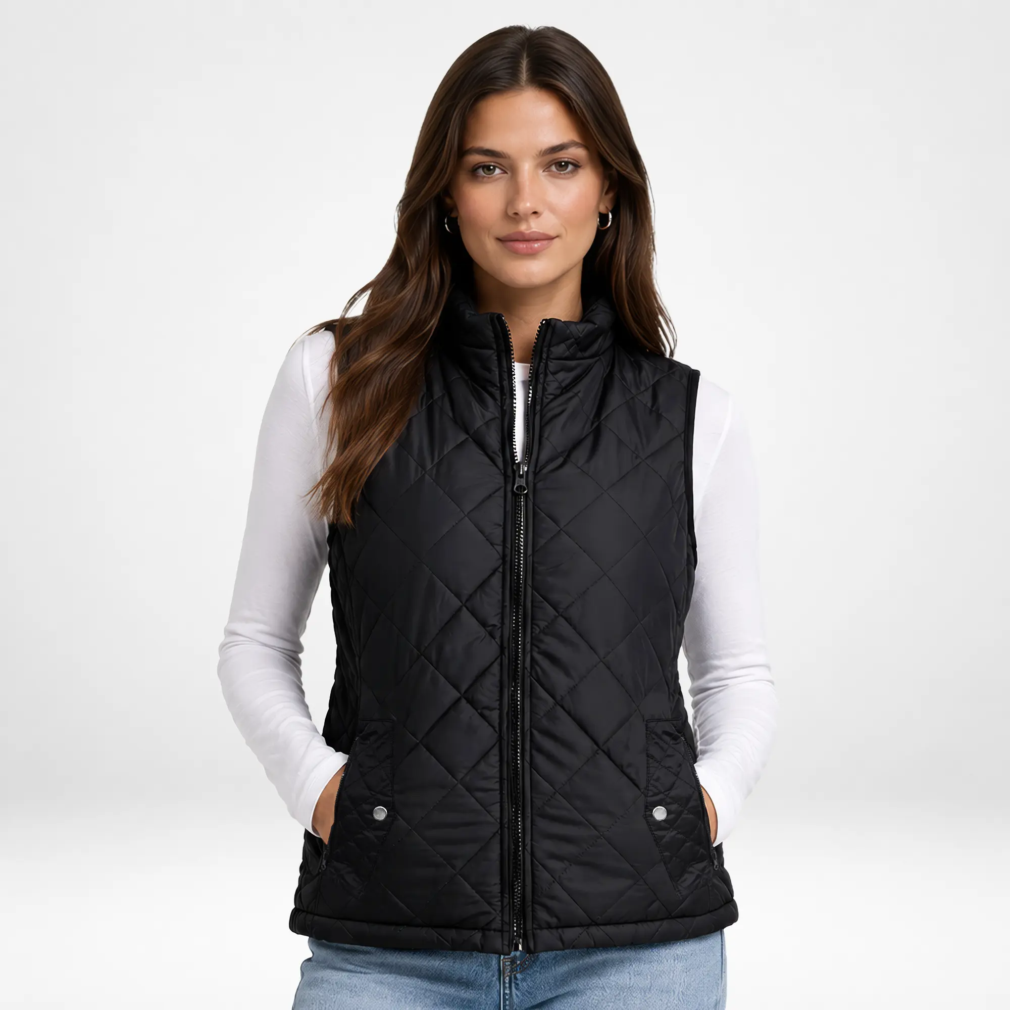 NY Threads Women's Basic Fitted Puffer Vest, Lightweight Quilted Tops for Casual Everyday Layering with Stand Collar & Zip Pockets, Style, Flattering Waist