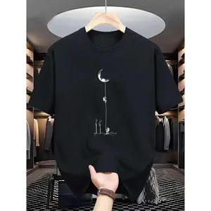 [100% Cotton] Cotton Short Sleeve  T-Shirt Comfortable & Stretchy Moon Landing Graphic Tee - Men'S Casual Street Style Round Neck T-Shirt - Black, Burgundy, Dark Green, Blue, Grey Golf Gift T-Shirt For Men And Women