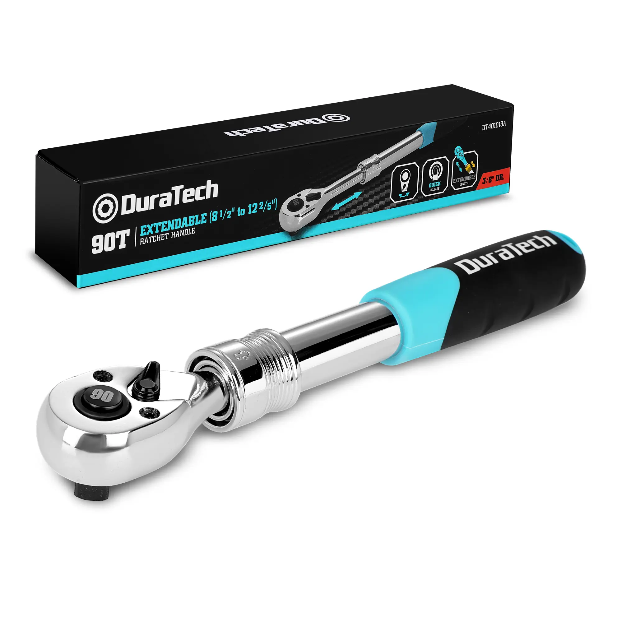 #summersale DURATECH 3/8 & 1/2-Inch Drive Extendable Ratchet, 90-Tooth Quick-release Ratchet Wrench with Cushion Handle & Telsecoping Locking Shaft(4 Length Adjustment: 8-1/2" to 12-2/5"), Reversible, Chrome Alloy Made
