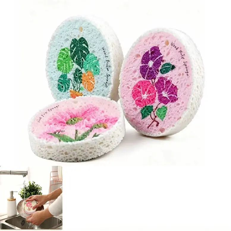 Cellulose Sponges, Round Kitchen Clean Sponges,Wood-Based Eco-Friendly Cellulose Non-Scratch Compressed Dish Scrubber with Floral Pattern,Cute Home Care Cleaning Tools  for Kitchen Household Cookware Bathroom Cleaning & DIY