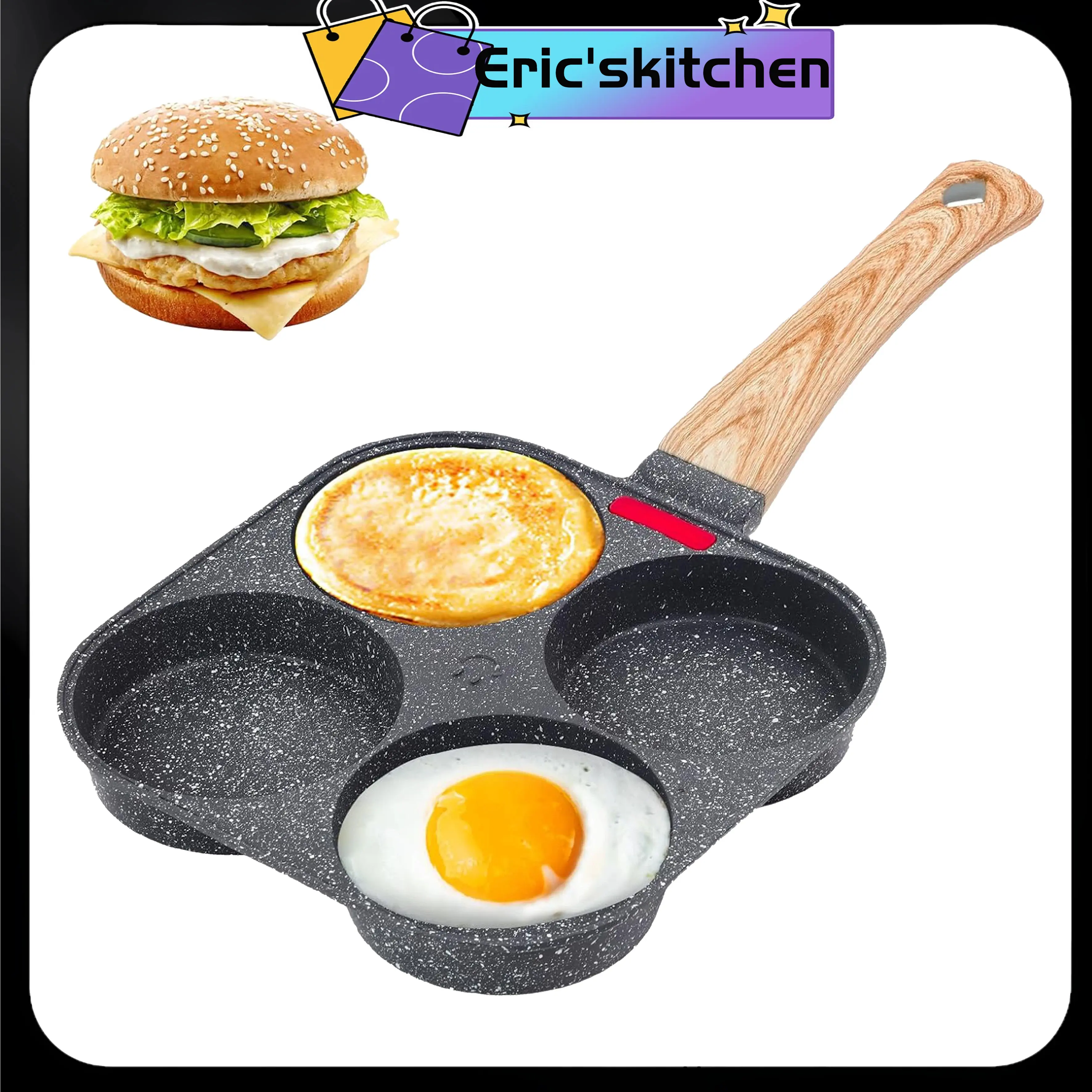 4-Cup Nonstick Aluminum Egg Pan - Sturdy, Insulated Silicone-Handled Omelette Skillet for Fried Eggs, Pancakes, Hanging Design, Suitable for Gas & Induction Cooktops