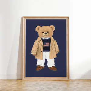 Retro Plaid Teddy Bear Wall Art Preppy Nursery Print Baby Room Poster Kids Room Decor Vintage Nursery Art Animal Wall Art