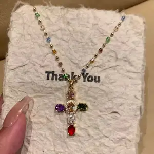 LisiZen Super Sparkly Colorful Zircon Cross Necklace Sweet Cool Style Unique Design Personalized Collarbone Chain for Women DZXL4010