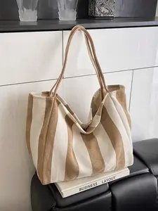 Vintage Korean Striped Canvas Handbag, Large Capacity Shoulder Bag, Casual Shoulder Bag, Perfect for Travel, School, Shopping, Beach, Women's Essential