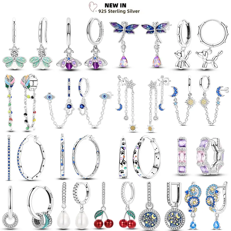Asymmetrical Hoop Earrings for Female in 925 Sterling Silver, Star Moon & Cherry Charm Dangle Tassels, DIY Your Own Style Glowing Jewelry, Lady Earring