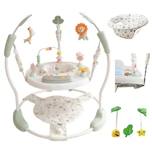 Multifunctional baby activity center with a 360° rotating seat, music, and an educational table; three adjustable height levels, sturdy metal frame with built-in strong springs, footrest for load support; baby bouncing chair exercise mat