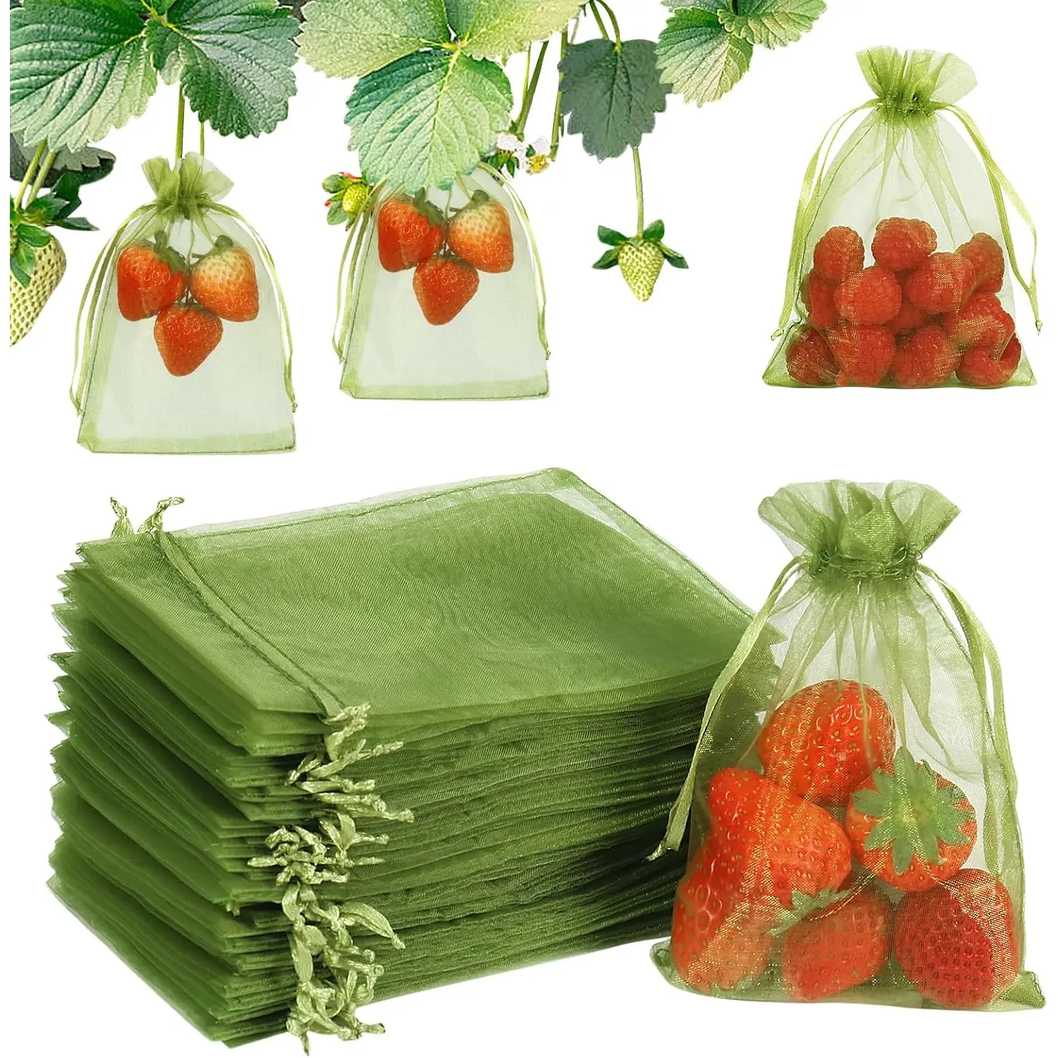 200 Pcs 4x6 Inch Lightweight Fruit Protection Bags, Green Drawstring Mesh Netting Covers to Protect Fruits from Pests for Strawberry, Blueberry, Lightweight Netting