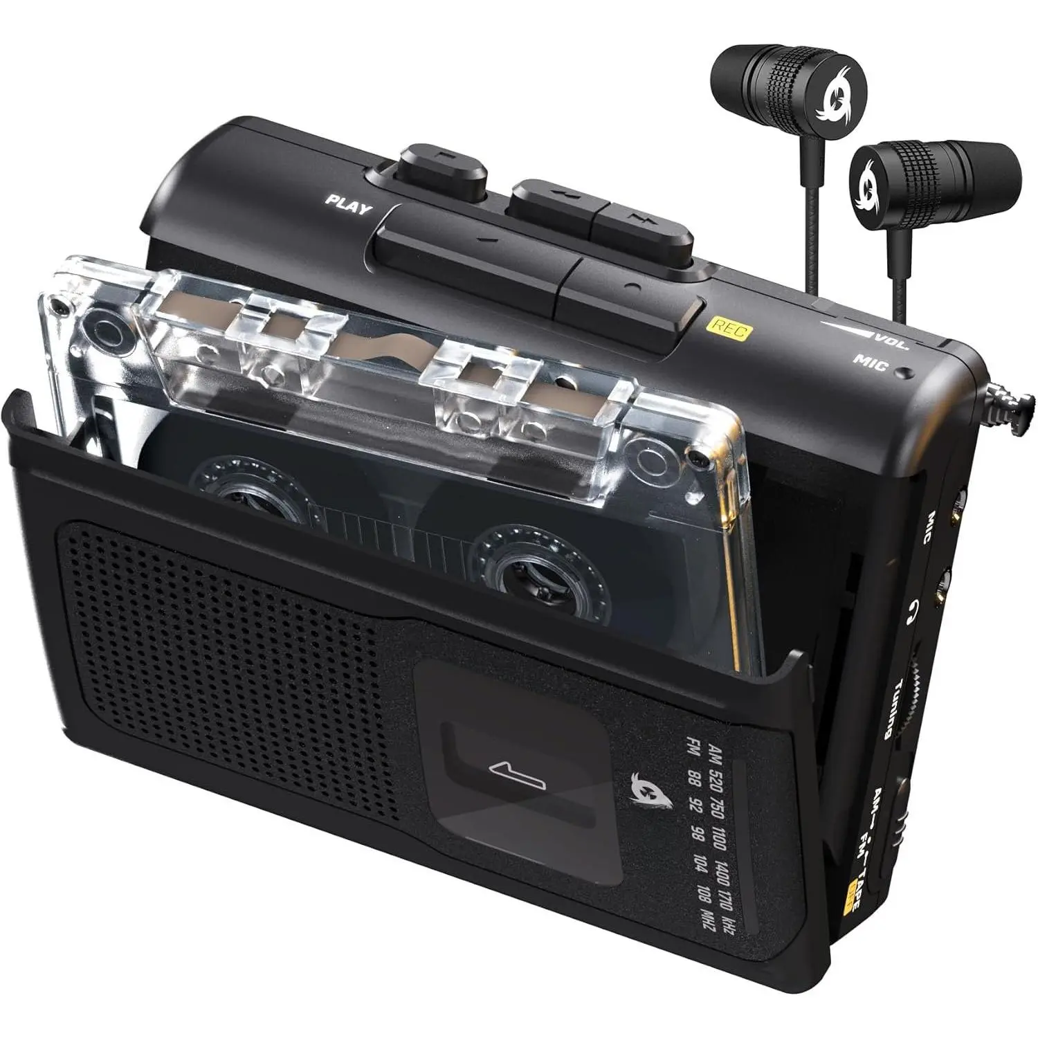 K8 Cassette Tape Player Portable with F1 Headphones - Cassette Recorder -  Version - AM/FM Walkman - Built-in Microphone & Speaker - Headphone Jack & Earphones - Black