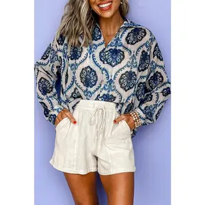 Blue Tribal Pattern Buttoned Front Loose Shirt