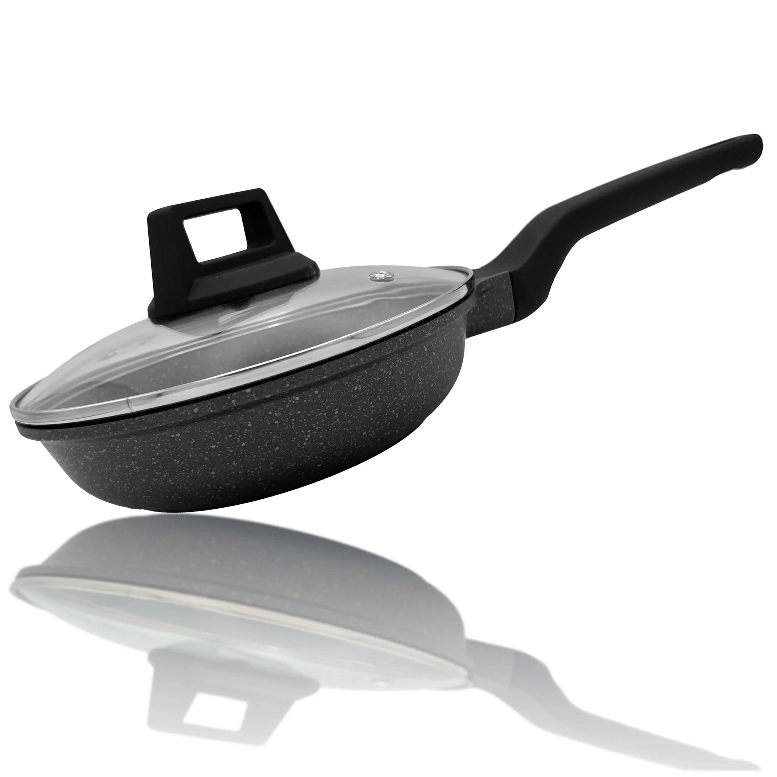 vivicreate cast aluminum deep fry pan with lid, Marble color non-stick coating, stainless steel bottom, long handle with rubber coating, European style deep fry pan, dishwasher machine Ceramic Cookware Glass Equipment