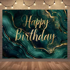 Elegant Emerald Green & Golden Glitter Happy Birthday Backdrop - Versatile Polyester Photography Background for All Ages, Perfect for Birthday Party Decorations and Celebrations