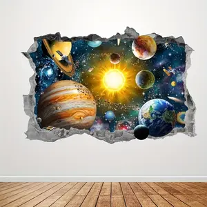Traditional Space-Themed 3D Broken Wall Galaxy Wall Stickers, PVC Self-Adhesive Removable Cosmic Planets and Stars Wall Decals for Living Room Entrance Bedroom Decor Decorative Ornaments Home Multicolor