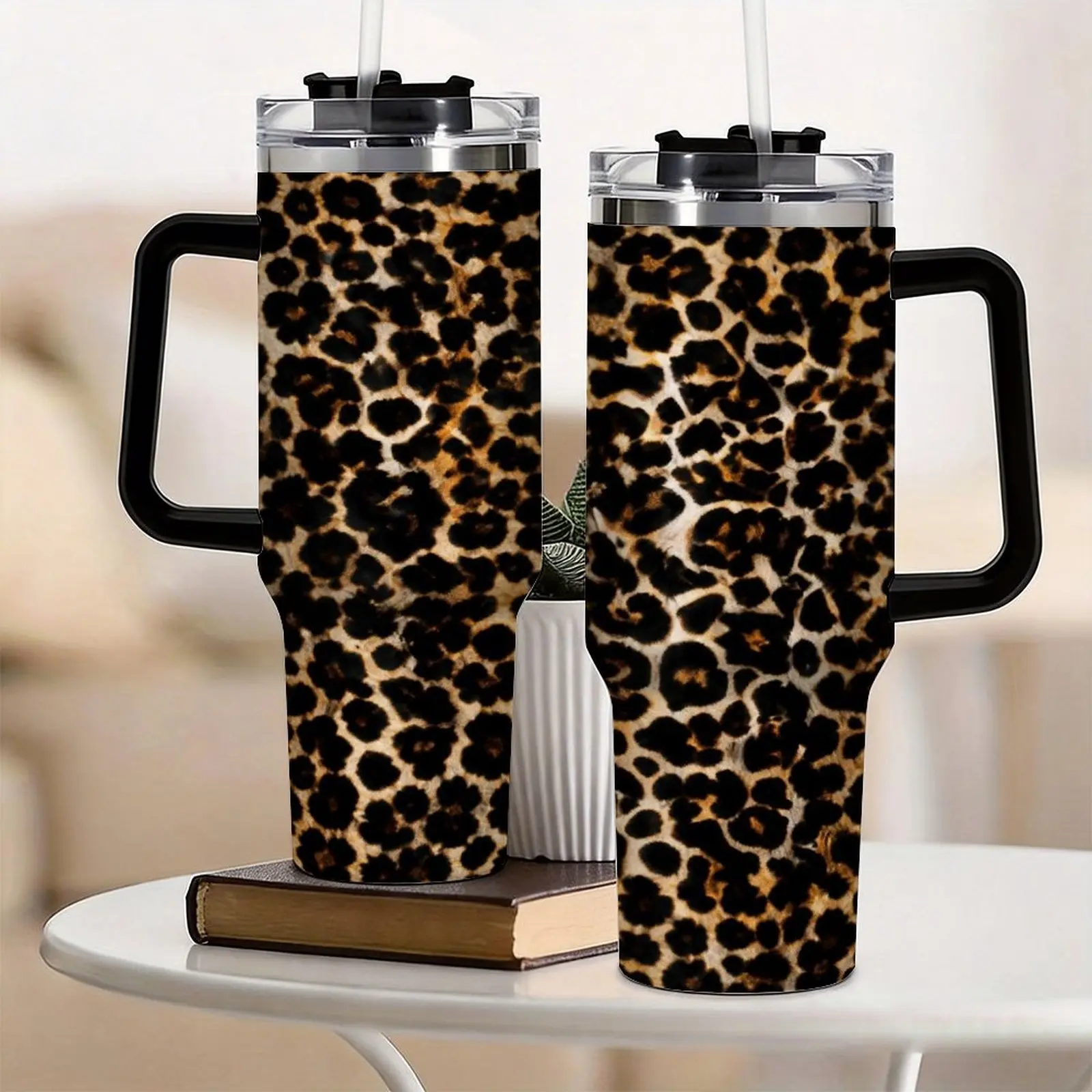 Women's Stylish Leopard-Cheetah Print 40oz Stainless Steel Thermal Insulated Tumbler - Portable Adult Water Bottle with Handle, Straw, Leakproof Vacuum Flask, Anti-Scalding 1000-2000ml Kitchenware Drinkware for Outdoor Camping Gift