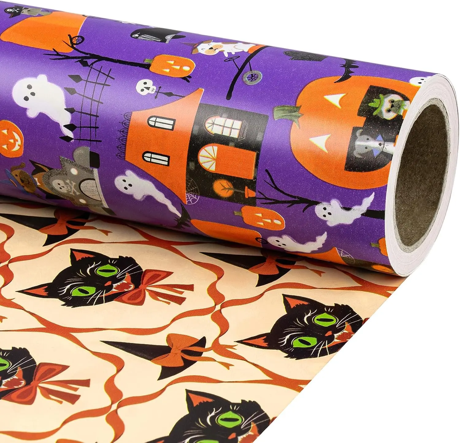 \Reversible Halloween Wrapping Paper Roll, Mini Roll, Purple Pumpkin Ghost Haunted House and Black Cat Pattern Double-Sided Gift Wrap for Halloween Party, Trick or Treat, 17 Inches x 16.4 Feet