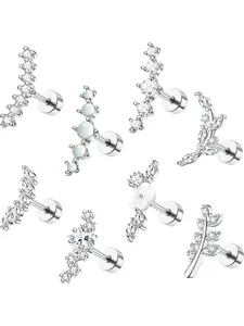 Fashionable Artificial Zircon Decor Earring Stacking Set, Casual Trendy Jewelry, Stainless Steel Stud Earrings, Flat Back Cartilage Conch Helix Piercing Jewelry for Women