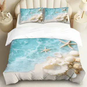 3PCS Duvet Cover Set, 1 Duvet+2 Pillowcases(Without filler), Ocean Beach Shell Starfish Sand Wave theme, Holiday bedding set, Coastal Nautical Beachy Home Suitable for decoration Bedroom Living Room Hotel Vacation Home.