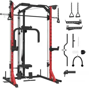 Smith Machine Home Gym Power Cage with Pulley System Space Saving Design Squat Rack Full Body Strength Training Attachments PEC Station Fixed Cable Crossover Optional Home Exercise Equipment