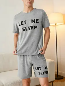 Men's Simple Style Casual Loungewear Sleepwear Set, Includes Matching Short Sleeve Shorts, Letter Print, Suitable for All Seasons