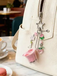 Japanese Pudding Keychain Pink Yellow Egg Flan Charm Y2K Beaded Egg Flan Charm Butterfly Bow Flower Star Car Key Ring Backpack Decoration Keychain For Bags