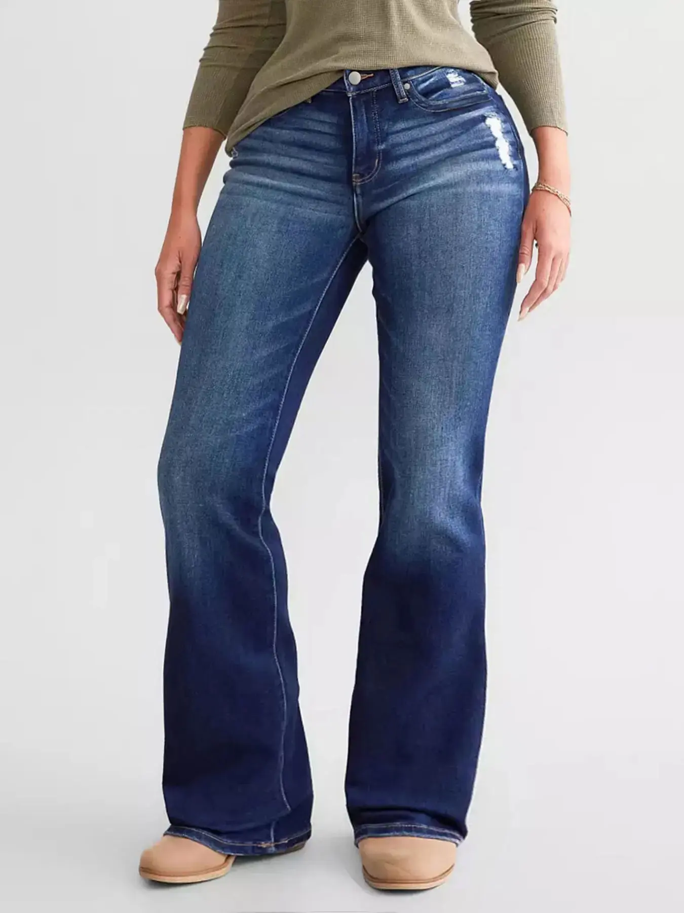 Women's Mid-Rise Blended Denim Jeans - Vintage Distressed Wash, Hip-Lifting, Embroidered Back Pockets, Retro Western Bootcut with Knee-Down Flare, Machine Washable for Daily Wear
