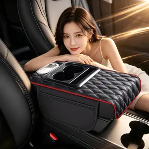 Nappa Leather Car Glove Compartment Heightening Pad PU Leather Central Armrest with Cup Holder for Water Storage Multi Functional 4-in-1 Universal Car Interior Storage Pad