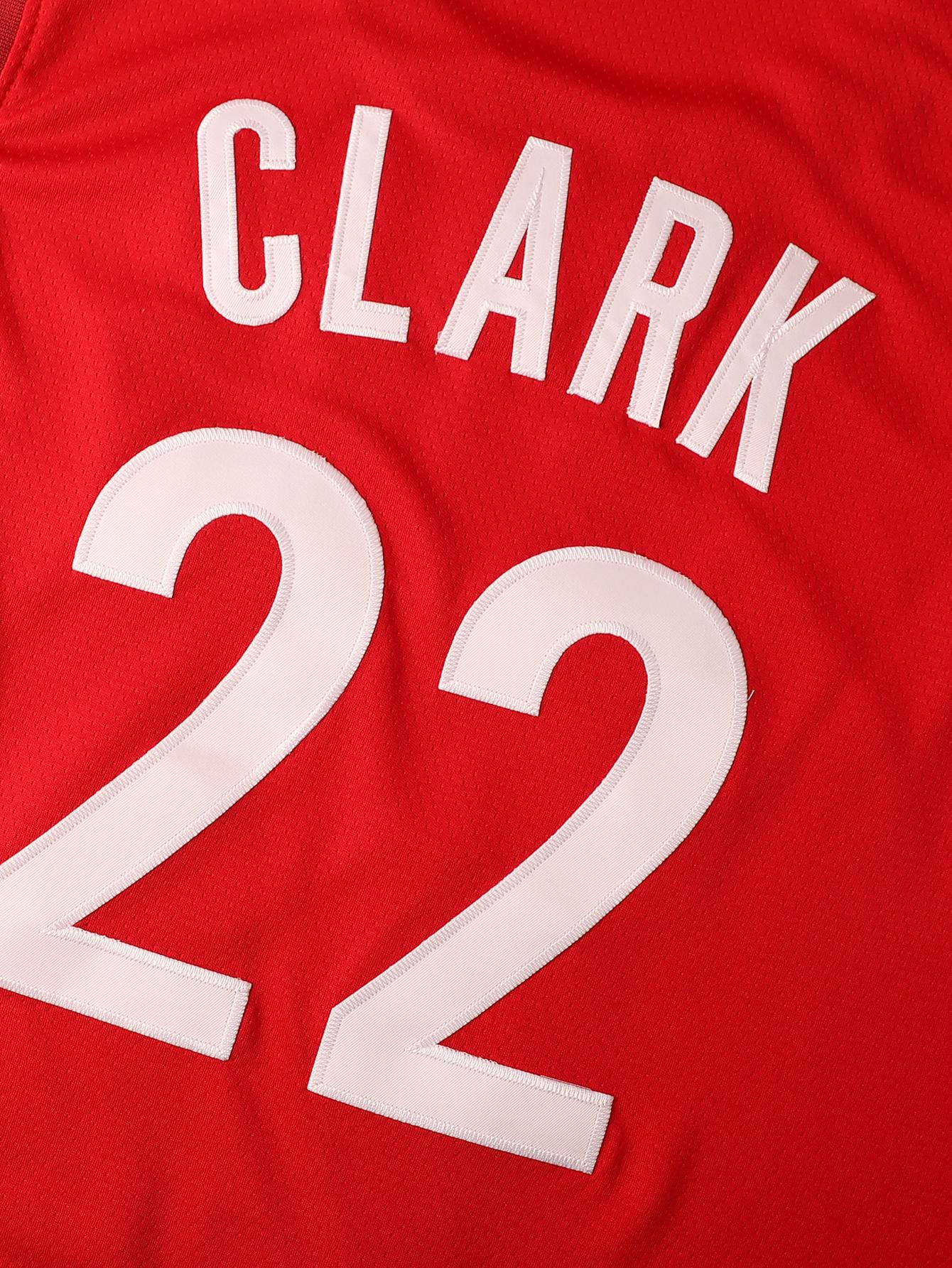 Men/Women's #22 Clark Breathable Mesh Basketball Jersey Crew Neck Red&Yellow Striped Lightweight Sleeveless Top with Embroidered Lettering Indiana Vibes Set