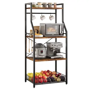 Kitchen Bakers Rack, Microwave Oven Stand with Large Wire Basket, Industrial Coffee Bar Station, 4-Tier Kitchen Utility Storage Shelf with 8 Hooks for Spice, Pots Organizer