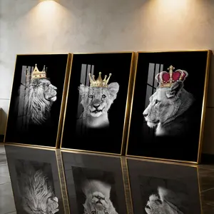 3Pcs Aluminum Alloy Framed Painting, Lion Family With Crowns Picture, Animal Art, Home Decoration For Living Room, Bedroom, Office, Restaurant, Hallway Wall Decor, Odorless Print Artwork, Luxury Perfect Gift For Friends And Family