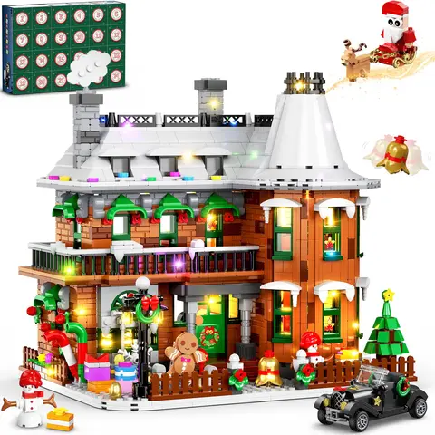 It's A Wonderful Life House Building Set, HOGOKIDS Advent Calendar 2026 Gingerbread House Building Sets with Lights 24 Days Christmas Countdown Courtyard Mini Building Blocks Kit, 1794PCS Village Santa Claus & Car, Holiday Gift for Friends、Family