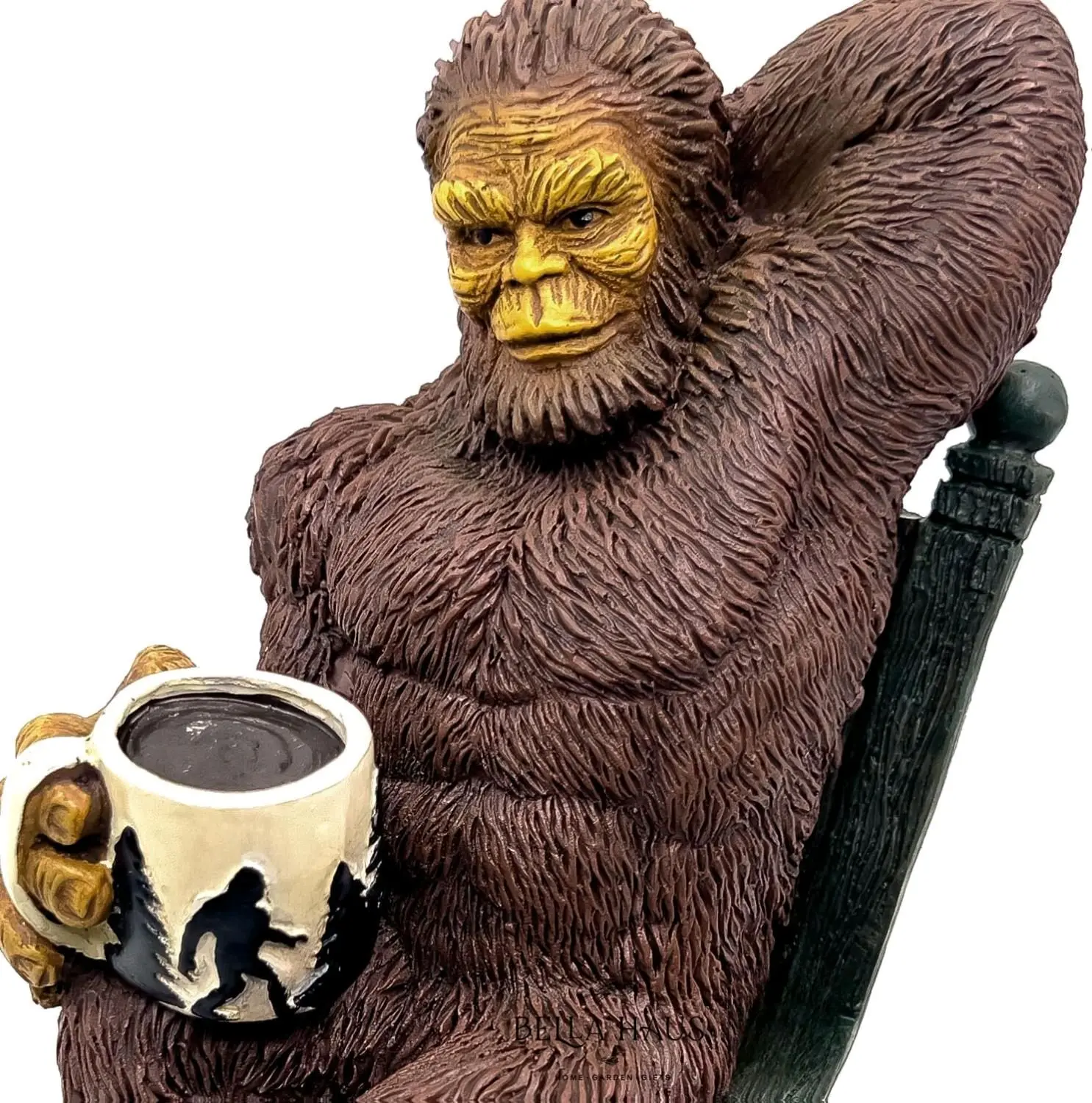 Bella Haus Bigfoot Garden Statue Sasquatch Enjoying Morning Coffee Whimsical Bigfoot Cabin Décor for Yard Patio Office or Home Hand-Painted Resin Statue