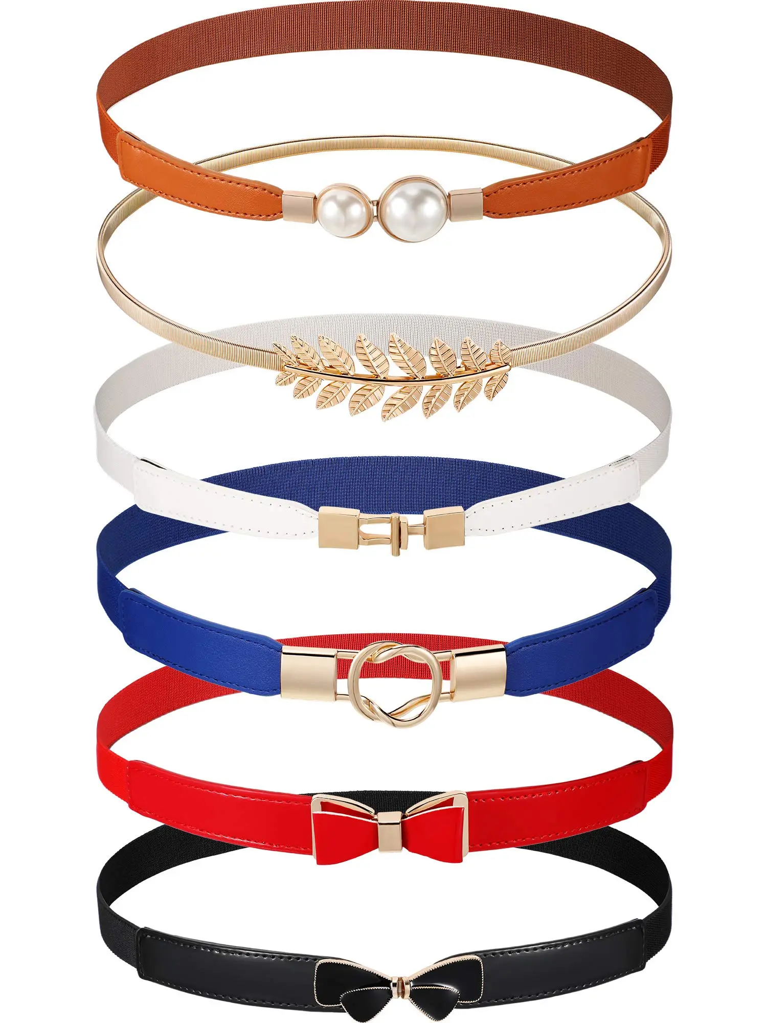 6Pcs/Set Skinny Belts for Women,Stretch Buckle Dress Belts,Thin Elastic Waist Cinch,Retro Faux Leather Band with Metal Buckle for Ladies Girls Jeans,Halloween Christmas Party Gifts,Hand Tools Kits