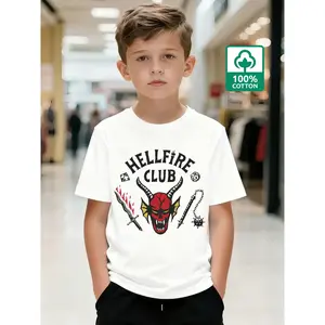 Unisex Kids' Stranger Things Hellfire Club Casual Graphic Shirt - Round Neck, Short Sleeve, Daily Wear Top