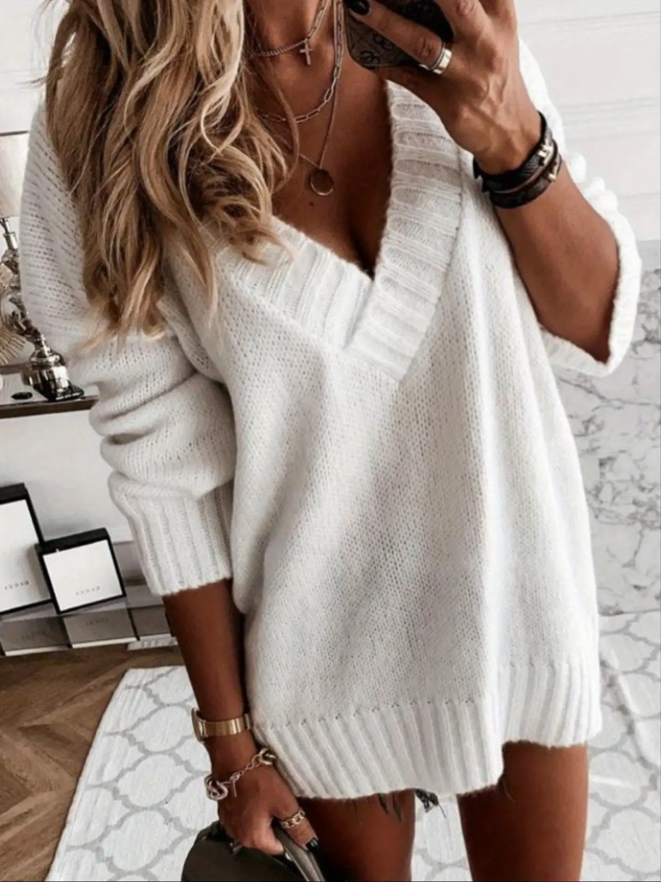 Women's Casual White Oversized Sweater, Winter Sexy Deep V Neck Knit Pullover, Loose Fitting Long Sleeve Tunic Top