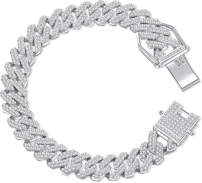 Mens Miami Cuban Link Chain Bracelet 14mm Diamond Prong Cuban Chain 8 inch Length Hip Hop Jewely