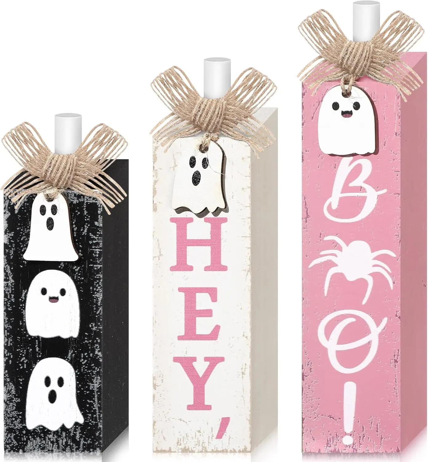 3 Pcs Pink Halloween Table Decor Hey Boo Cute Ghost Wood Block Sign Pastel Pink Halloween Tabletop Centerpieces Rustic Farmhouse Tiered Tray Decor for Home Mantel Shelf Kitchen Party Holiday