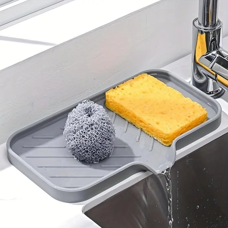 Silicone Draining Board, 1 Count Countertop Sponge Holder, Sink Organizer, Drain Storage Tray for Dish Sponge, Sink Drain Mat for Kitchen Bathroom, Household Items, Home Goods, Drain Pan