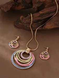 Boho Vintage Rainbow Color Hollow Circle Pendant Necklace Earrings Set, Retro Women's Fashion Party Jewelry Kit, 3 Pieces