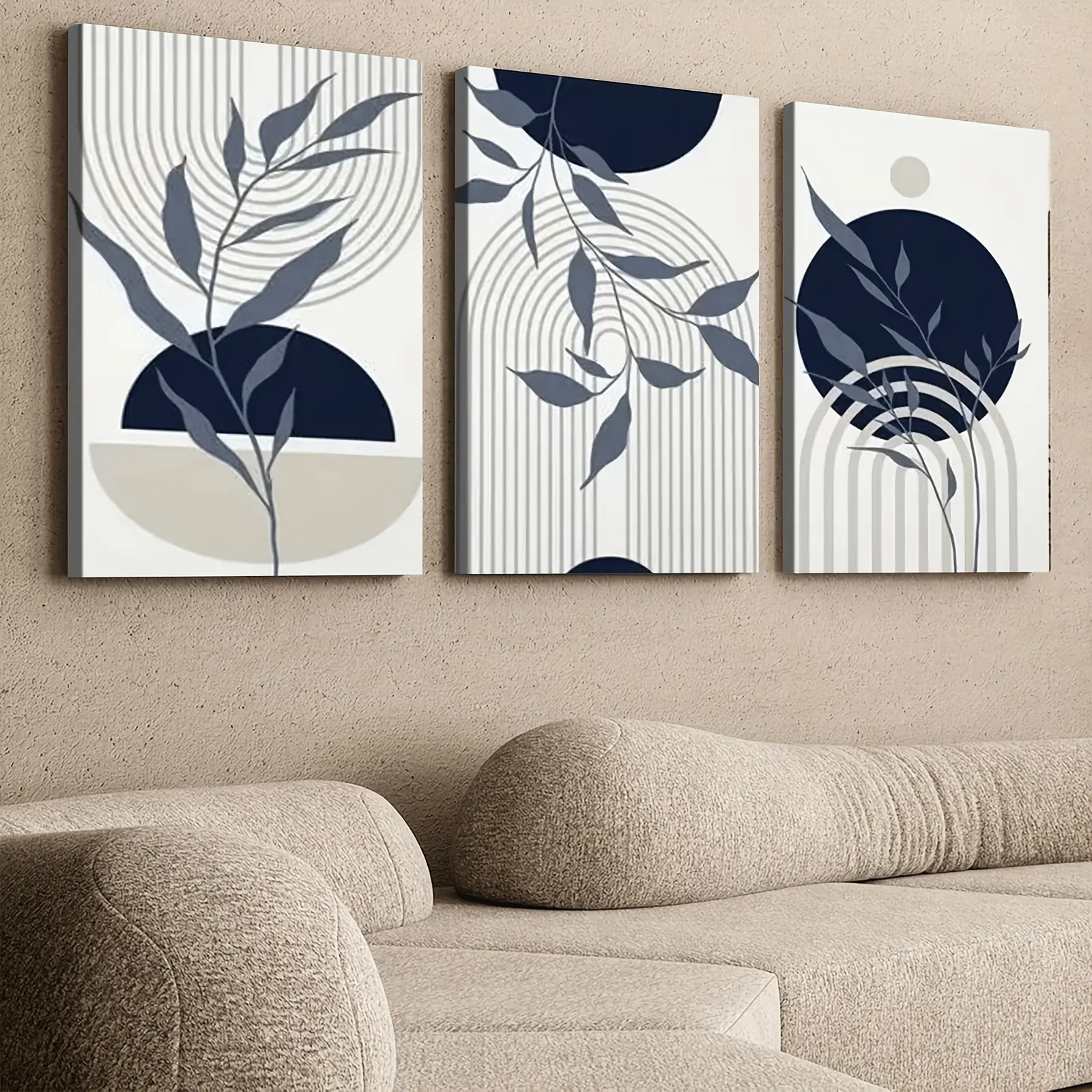 3pcs Exquisite Wood Frame Canvas Wrapped Posters & Prints, Blue & Beige Boho Wall Art (8"x12"-16"x24"), Easy Hanging UV-Resistant Non-Toxic Home Decor Decoration Items, Artistic Room Gift