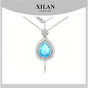 Blue Topaz Pendant  with Teardrop Moissanite Inlay for Women Dainty Non Tarnish Elegant Wedding Jewelry Gift Blue Gemstone Charm  for Dress Drag Queen Style daughter necklace