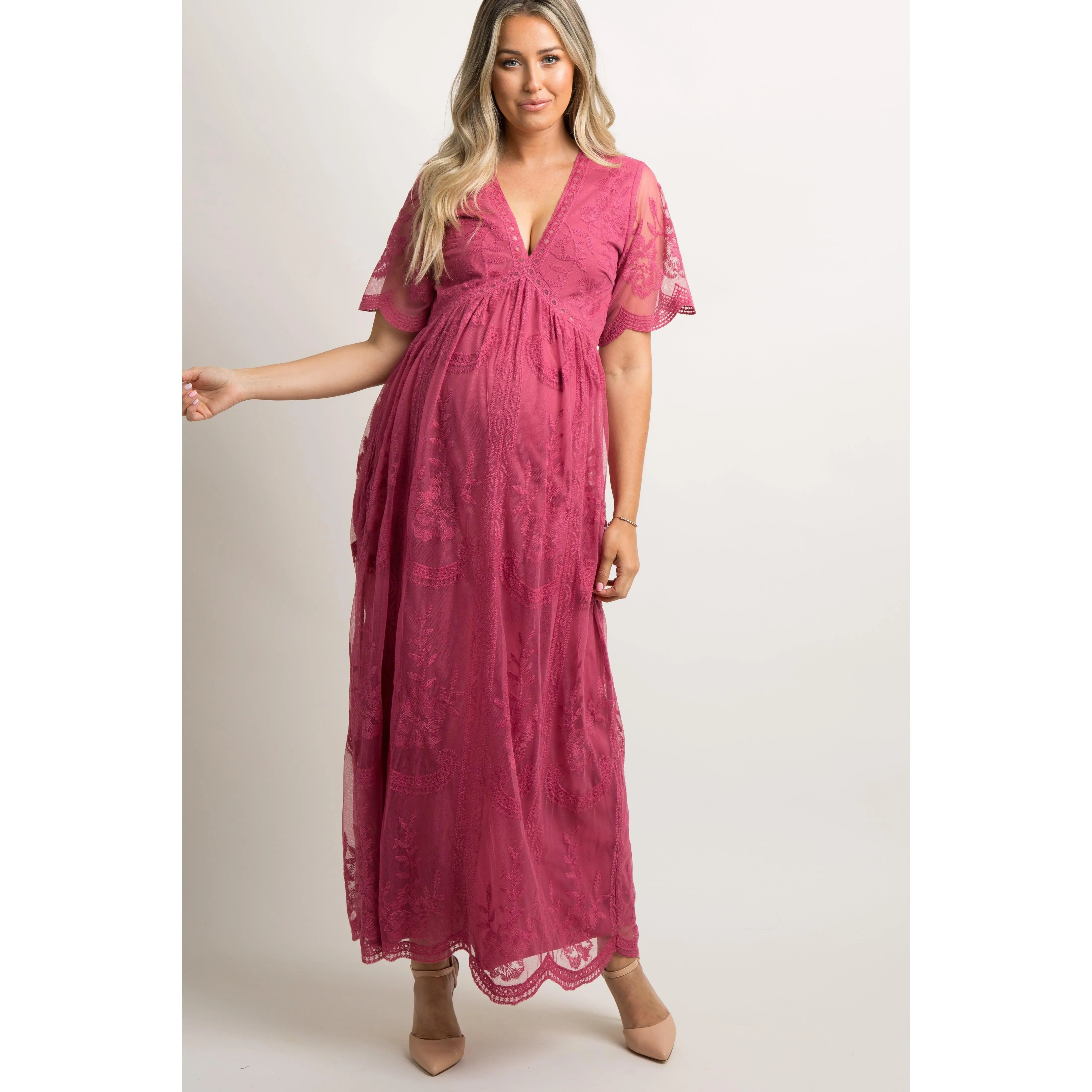 Maternity Maxi Dress for Pregnancy, PinkBlush Magenta Lace Mesh Overlay Maternity Wear